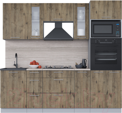 Кухонный гарнитур Интерлиния Мила 2.3 ВТ (дуб веллингтон/дуб веллингтон/травертин серый) - фото