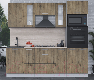 Кухонный гарнитур Интерлиния Мила 2.3 ВТ (дуб веллингтон/дуб веллингтон/травертин серый)