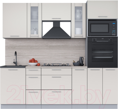 Кухонный гарнитур Интерлиния Мила 2.3 ВТ (персидский жемчуг/персидский жемчуг/травертин серый) - фото