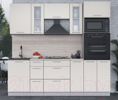 Кухонный гарнитур Интерлиния Мила 2.3 ВТ (персидский жемчуг/персидский жемчуг/травертин серый)