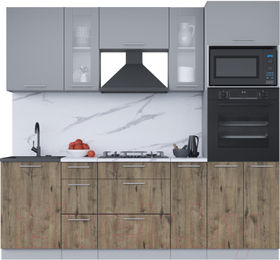 Кухонный гарнитур Интерлиния Мила 2.3 ВТ (серебро/дуб веллингтон/белый гранит) - фото