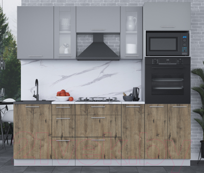 Кухонный гарнитур Интерлиния Мила 2.3 ВТ (серебро/дуб веллингтон/белый гранит)