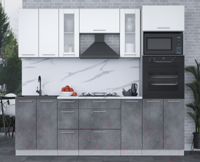 Кухонный гарнитур Интерлиния Мила 2.4 ВТ (белый платинум/бетон портленд/белый гранит)