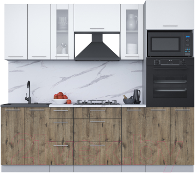 Кухонный гарнитур Интерлиния Мила 2.4 ВТ (белый платинум/дуб веллингтон/белый гранит) - фото