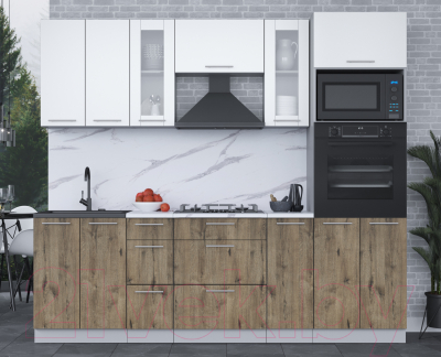 Кухонный гарнитур Интерлиния Мила 2.4 ВТ (белый платинум/дуб веллингтон/белый гранит)