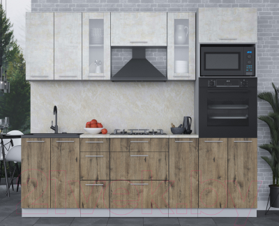 Кухонный гарнитур Интерлиния Мила 2.4 ВТ (бетон лайт/дуб веллингтон/опал светлый)