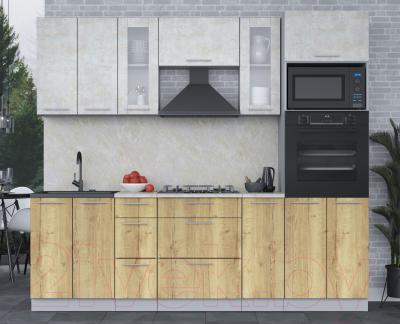 Кухонный гарнитур Интерлиния Мила 2.4 ВТ (бетон лайт/дуб золотой/опал светлый)