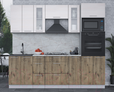 Кухонный гарнитур Интерлиния Мила 2.4 ВТ (вудлайн кремовый/дуб веллингтон/серый каспий)