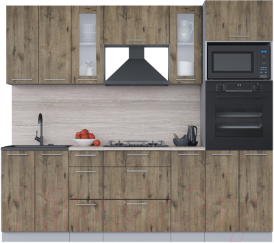 Кухонный гарнитур Интерлиния Мила 2.4 ВТ (дуб веллингтон/дуб веллингтон/травертин серый) - фото
