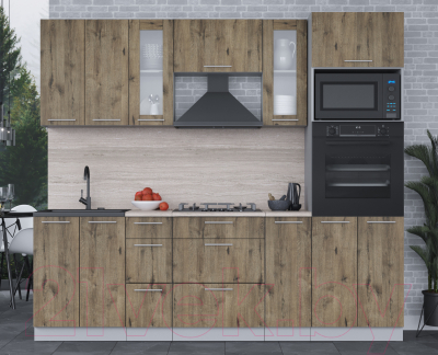 Кухонный гарнитур Интерлиния Мила 2.4 ВТ (дуб веллингтон/дуб веллингтон/травертин серый)