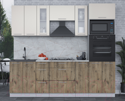 Кухонный гарнитур Интерлиния Мила 2.4 ВТ (персидский жемчуг/дуб веллингтон/серый каспий)