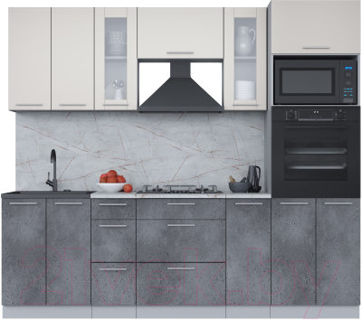 Кухонный гарнитур Интерлиния Мила 2.4 ВТ (персидский жемчуг/бетон портленд/серый каспий) - фото