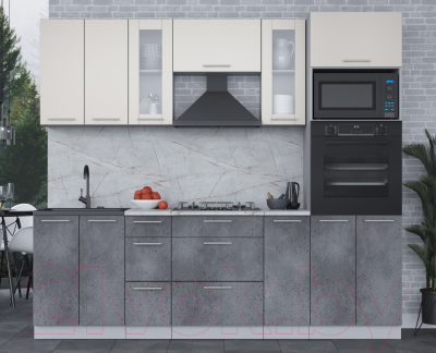 Кухонный гарнитур Интерлиния Мила 2.4 ВТ (персидский жемчуг/бетон портленд/серый каспий)