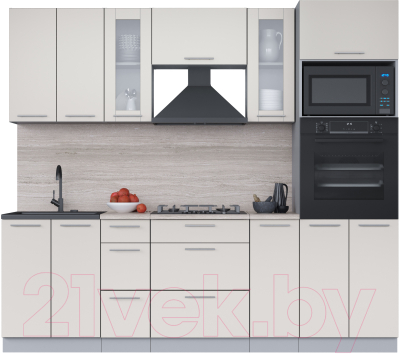 Кухонный гарнитур Интерлиния Мила 2.4 ВТ (персидский жемчуг/персидский жемчуг/травертин серый) - фото