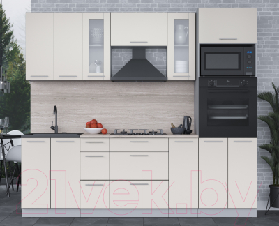 Кухонный гарнитур Интерлиния Мила 2.4 ВТ (персидский жемчуг/персидский жемчуг/травертин серый)