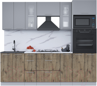 Кухонный гарнитур Интерлиния Мила 2.4 ВТ (серебро/дуб веллингтон/белый гранит) - фото