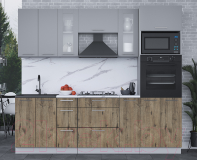 Кухонный гарнитур Интерлиния Мила 2.4 ВТ (серебро/дуб веллингтон/белый гранит)