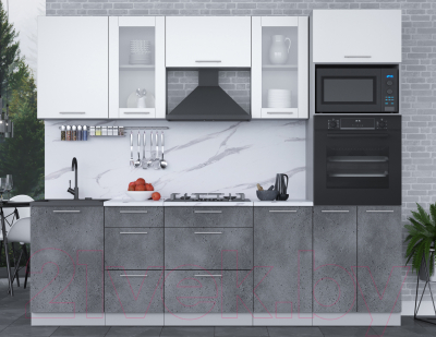 Кухонный гарнитур Интерлиния Мила 2.5 ВТ (белый платинум/бетон портленд/белый гранит)