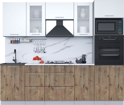 Кухонный гарнитур Интерлиния Мила 2.5 ВТ (белый платинум/дуб веллингтон/белый гранит) - фото