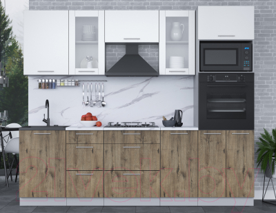 Кухонный гарнитур Интерлиния Мила 2.5 ВТ (белый платинум/дуб веллингтон/белый гранит)