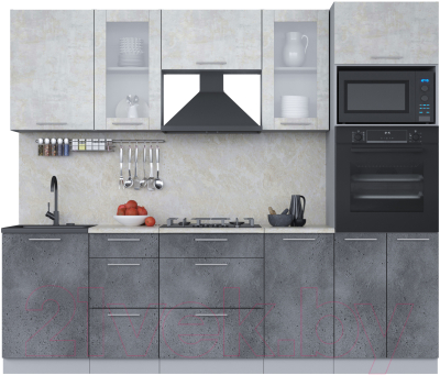 Кухонный гарнитур Интерлиния Мила 2.5 ВТ (бетон лайт/бетон портленд/опал светлый) - фото