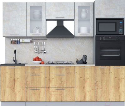 Кухонный гарнитур Интерлиния Мила 2.5 ВТ (бетон лайт/дуб золотой/опал светлый) - фото