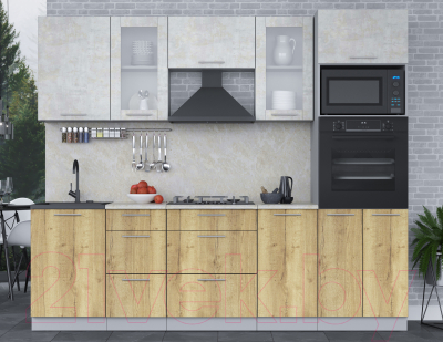 Кухонный гарнитур Интерлиния Мила 2.5 ВТ (бетон лайт/дуб золотой/опал светлый)