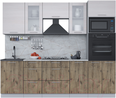 Кухонный гарнитур Интерлиния Мила 2.5 ВТ (вудлайн кремовый/дуб веллингтон/серый каспий) - фото