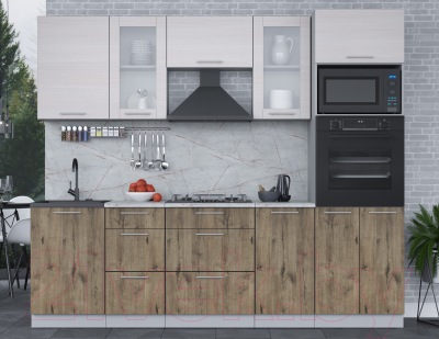 Кухонный гарнитур Интерлиния Мила 2.5 ВТ (вудлайн кремовый/дуб веллингтон/серый каспий)