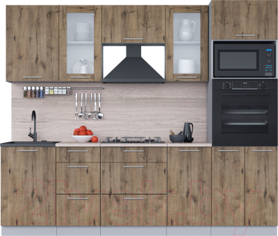 Кухонный гарнитур Интерлиния Мила 2.5 ВТ (дуб веллингтон/дуб веллингтон/травертин серый) - фото