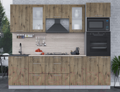 Кухонный гарнитур Интерлиния Мила 2.5 ВТ (дуб веллингтон/дуб веллингтон/травертин серый)