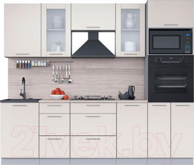 Кухонный гарнитур Интерлиния Мила 2.5 ВТ (персидский жемчуг/персидский жемчуг/травертин серый) - фото