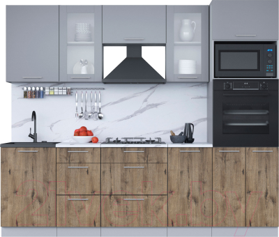 Кухонный гарнитур Интерлиния Мила 2.5 ВТ (серебро/дуб веллингтон/белый гранит) - фото