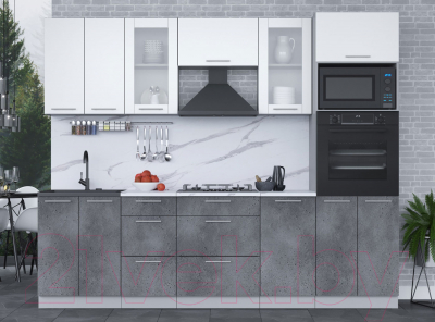 Кухонный гарнитур Интерлиния Мила 2.6 ВТ (белый платинум/бетон портленд/белый гранит)