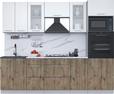 Кухонный гарнитур Интерлиния Мила 2.6 ВТ (белый платинум/дуб веллингтон/белый гранит) - фото