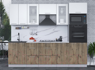 Кухонный гарнитур Интерлиния Мила 2.6 ВТ (белый платинум/дуб веллингтон/белый гранит)