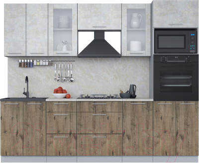 Кухонный гарнитур Интерлиния Мила 2.6 ВТ (бетон лайт/дуб веллингтон/опал светлый) - фото