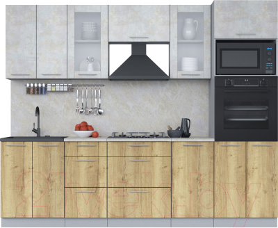 Кухонный гарнитур Интерлиния Мила 2.6 ВТ (бетон лайт/дуб золотой/опал светлый) - фото