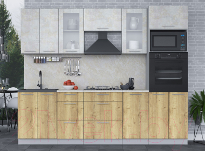 Кухонный гарнитур Интерлиния Мила 2.6 ВТ (бетон лайт/дуб золотой/опал светлый)