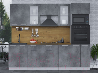 Кухонный гарнитур Интерлиния Мила 2.6 ВТ (бетон портленд/бетон портленд/дуб бунратти)