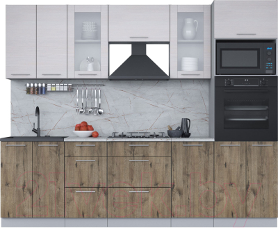 Кухонный гарнитур Интерлиния Мила 2.6 ВТ (вудлайн кремовый/дуб веллингтон/серый каспий) - фото