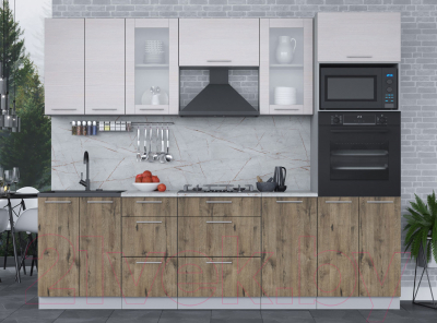 Кухонный гарнитур Интерлиния Мила 2.6 ВТ (вудлайн кремовый/дуб веллингтон/серый каспий)