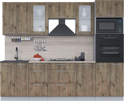 Кухонный гарнитур Интерлиния Мила 2.6 ВТ (дуб веллингтон/дуб веллингтон/травертин серый) - фото