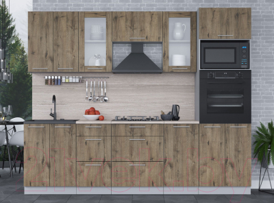 Кухонный гарнитур Интерлиния Мила 2.6 ВТ (дуб веллингтон/дуб веллингтон/травертин серый)