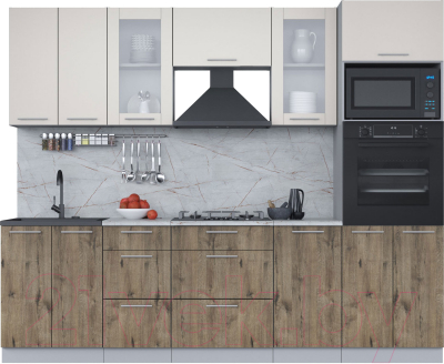 Кухонный гарнитур Интерлиния Мила 2.6 ВТ (персидский жемчуг/дуб веллингтон/серый каспий) - фото