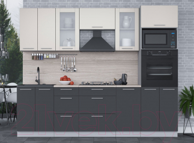 Кухонный гарнитур Интерлиния Мила 2.6 ВТ (персидский жемчуг/антрацит/травертин серый)