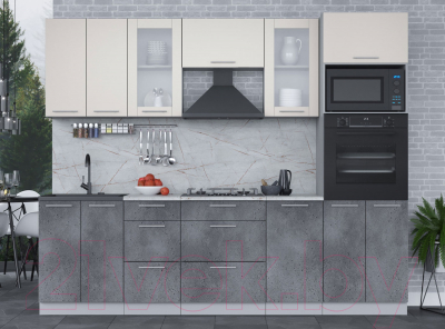 Кухонный гарнитур Интерлиния Мила 2.6 ВТ (персидский жемчуг/бетон портленд/серый каспий)