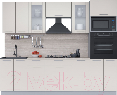 Кухонный гарнитур Интерлиния Мила 2.6 ВТ (персидский жемчуг/персидский жемчуг/травертин серый) - фото