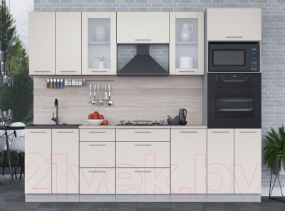 Кухонный гарнитур Интерлиния Мила 2.6 ВТ (персидский жемчуг/персидский жемчуг/травертин серый)