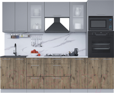 Кухонный гарнитур Интерлиния Мила 2.6 ВТ (серебро/дуб веллингтон/белый гранит) - фото